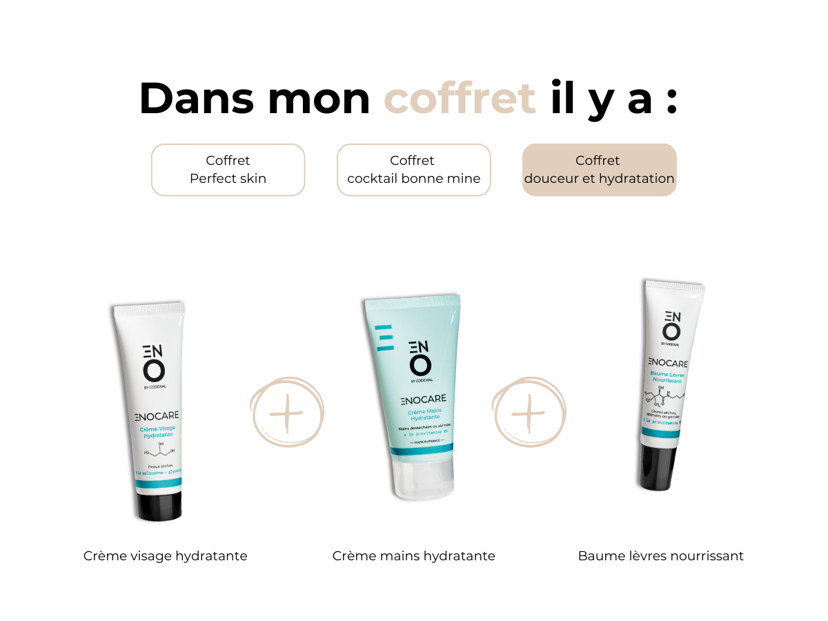 Dans mon coffret Douceur et Hydratation, il y a = Crème visage hydratante + Crème mains hydratante + Baume lèvre nourrissant 